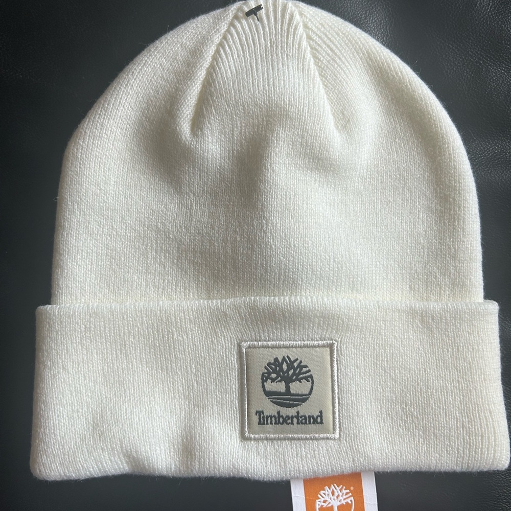 Timberland Unisex Off-White Knit Beanie with Logo Patch